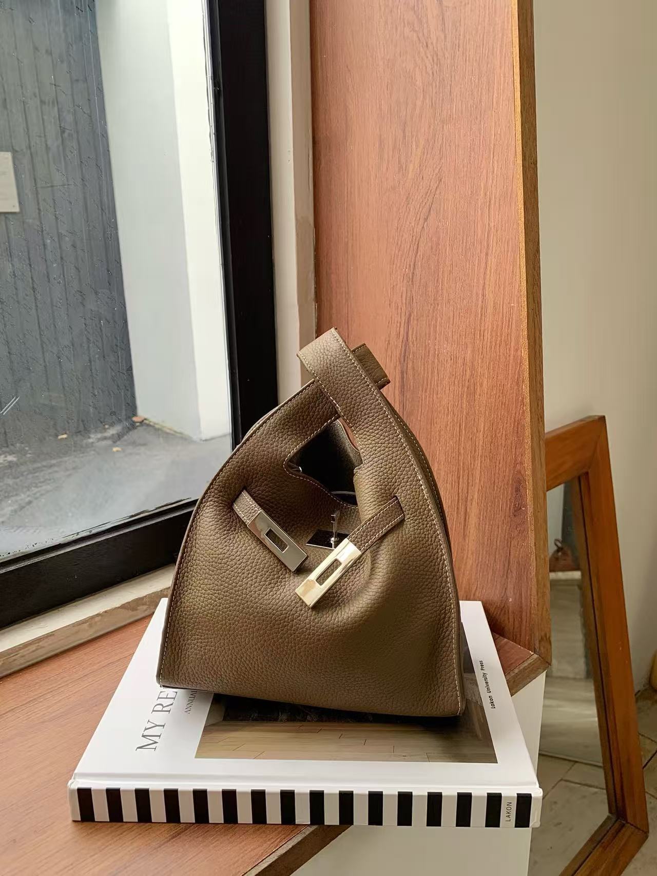 Mini Leather Tote with Turn-Lock Closure and Shoulder Strap