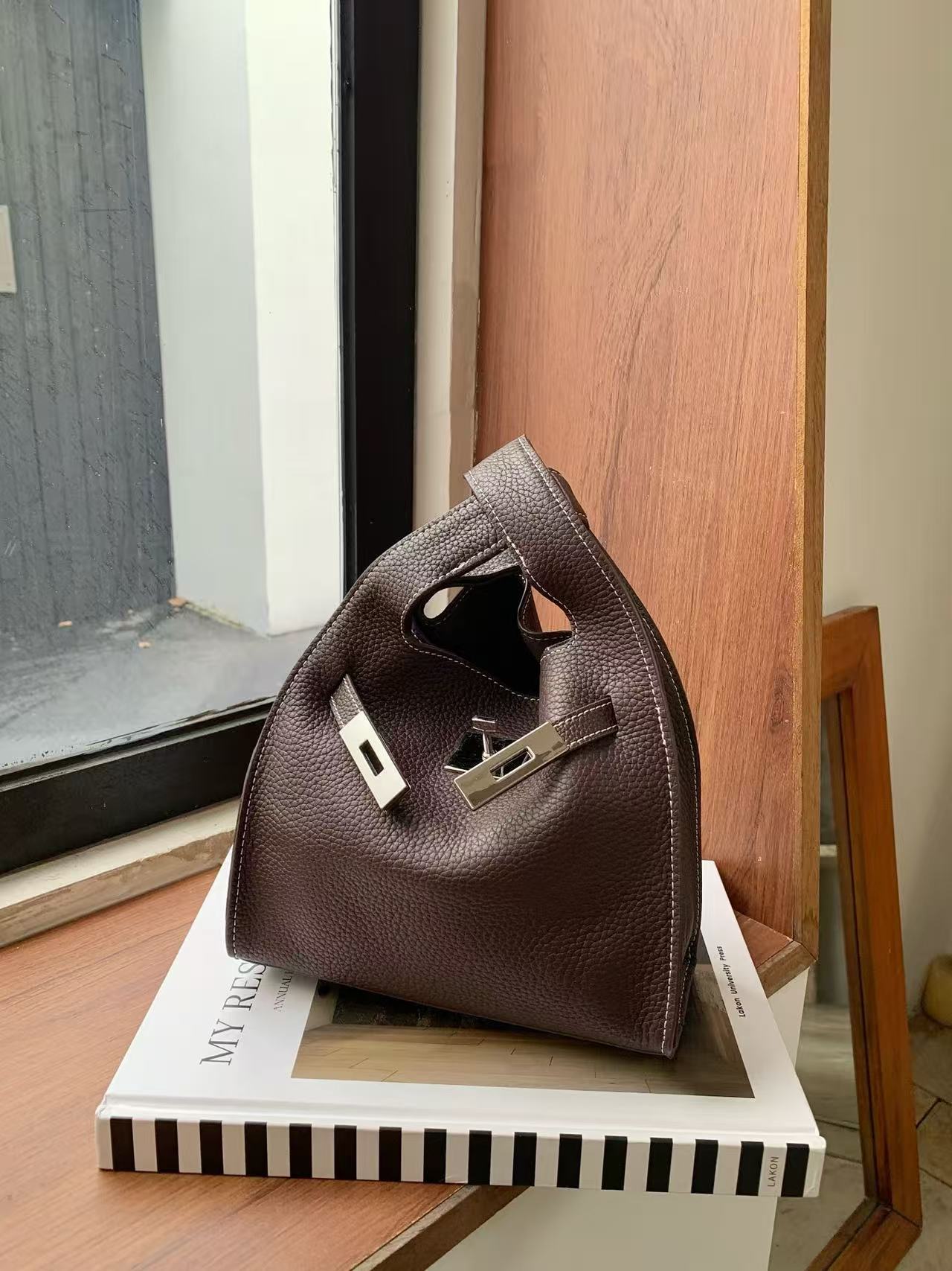 Mini Leather Tote with Turn-Lock Closure and Shoulder Strap