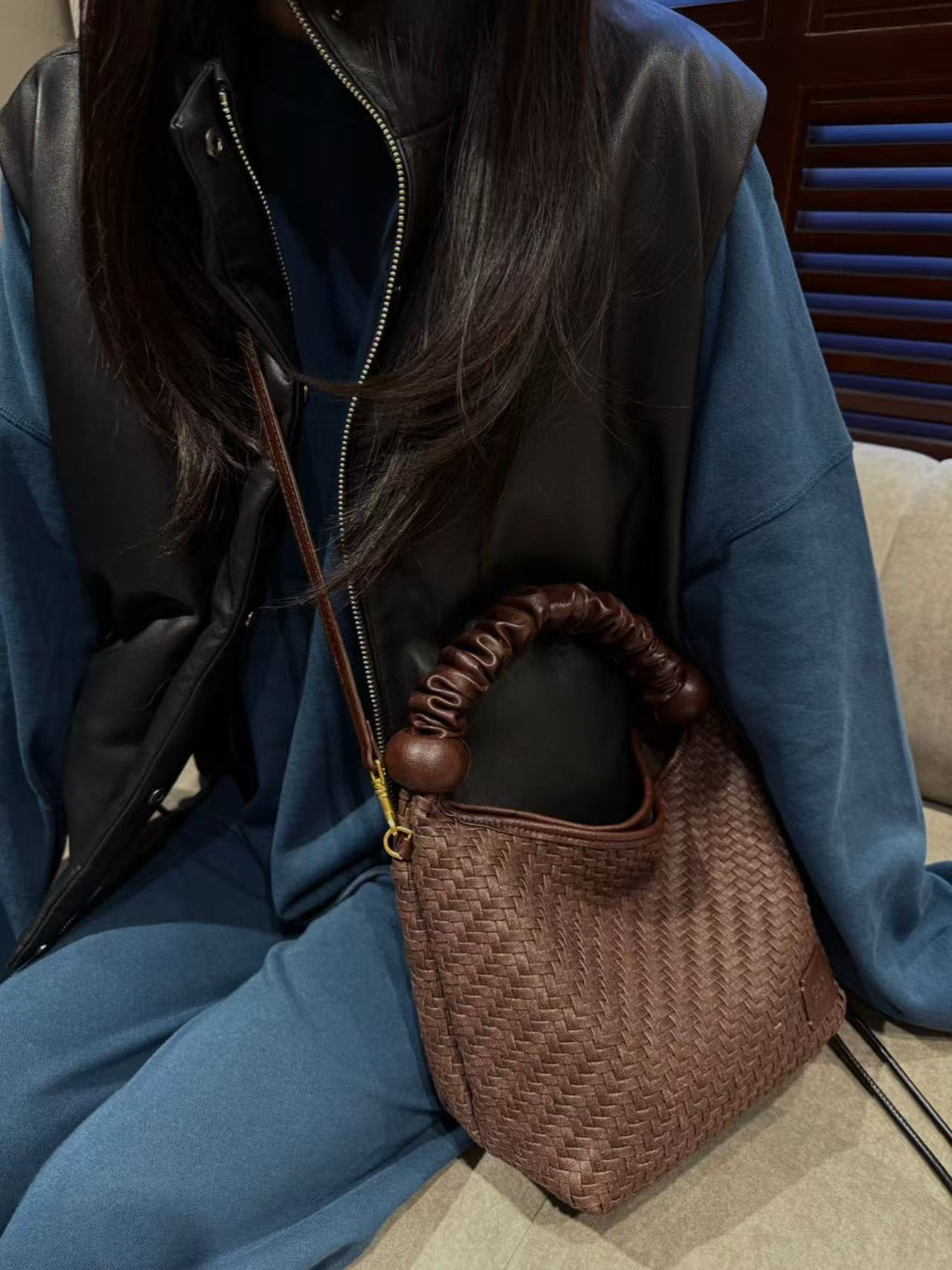 Woven Leather Top Handle Crossbody Bag