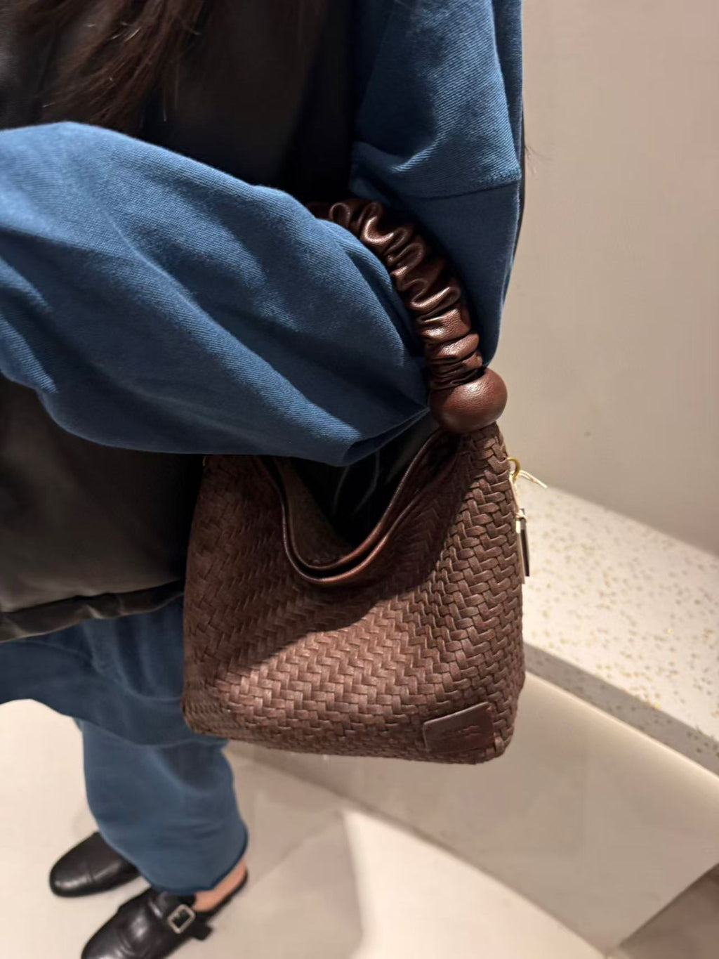 Woven Leather Top Handle Crossbody Bag