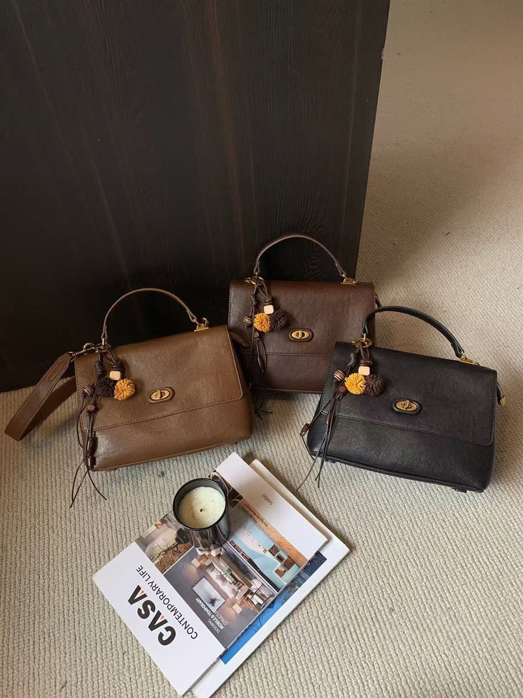 Medium Leather Flap Bag with Turn-Lock & Shoulder Strap