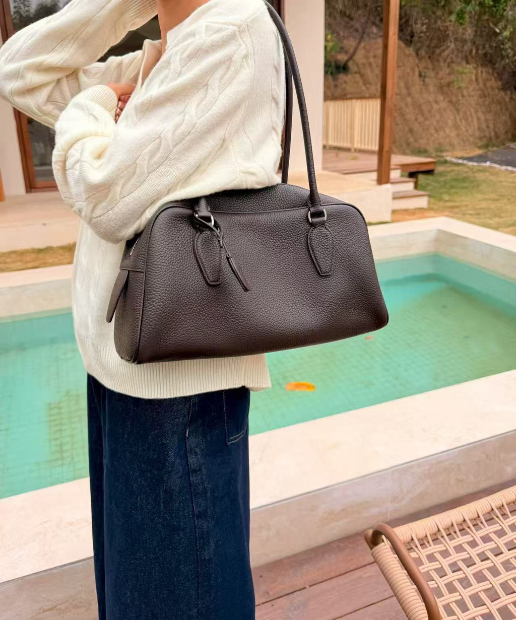 Minimalist Pebbled Leather Bowling Shoulder Bag