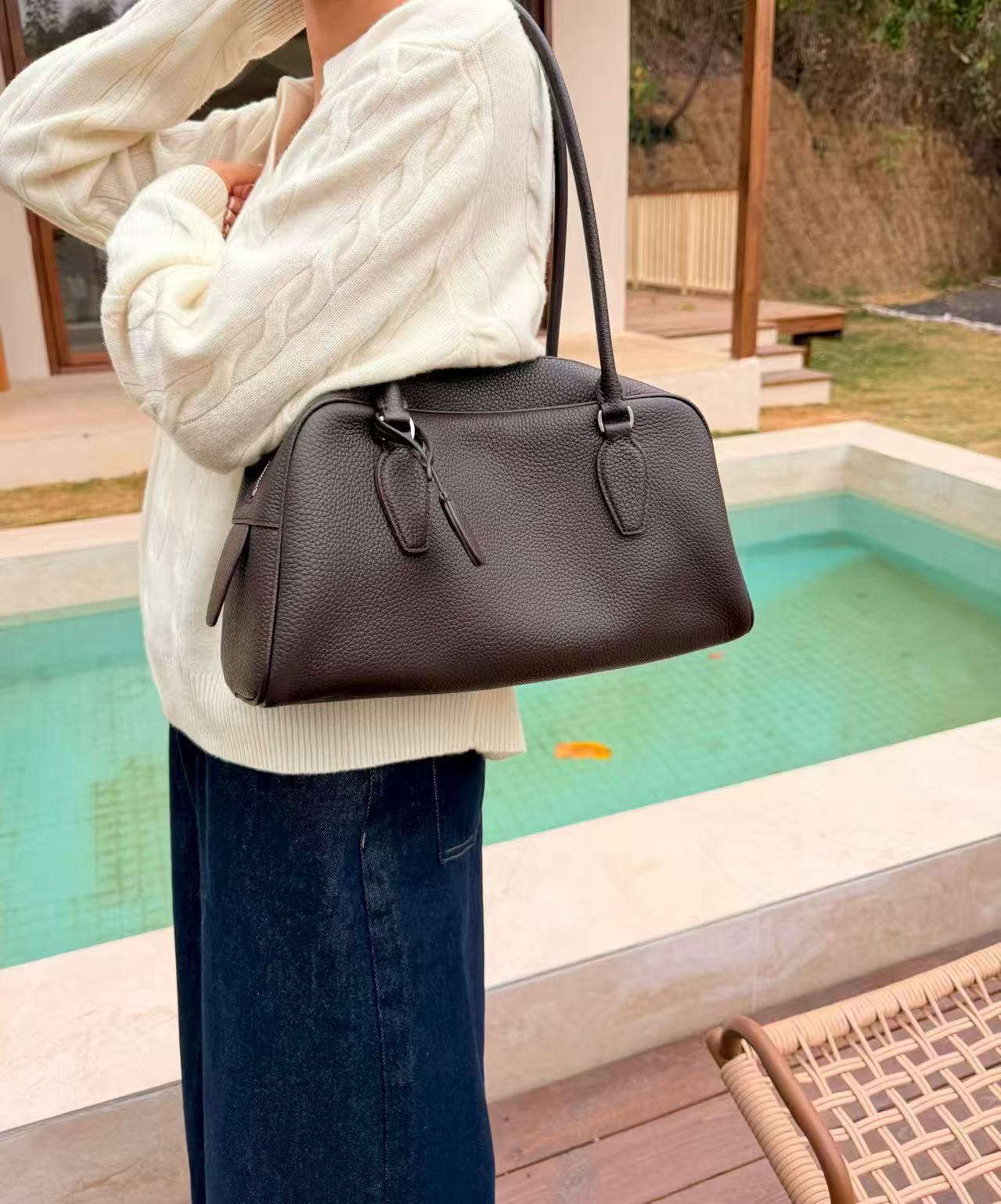 Minimalist Pebbled Leather Bowling Shoulder Bag